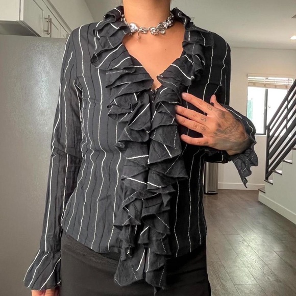 Black Anne Fontaine Paris whimsigoth Victorian ruffle chic zip up longsleeve top - Picture 3 of 5